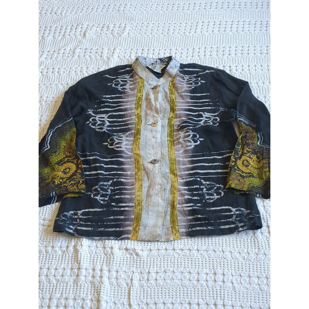 Citron Santa Monica Dragon Ramie Button Mandarin Collar Sz Small Multicolor